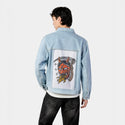 seeyousoon patch on male og denim jacket in oceanside