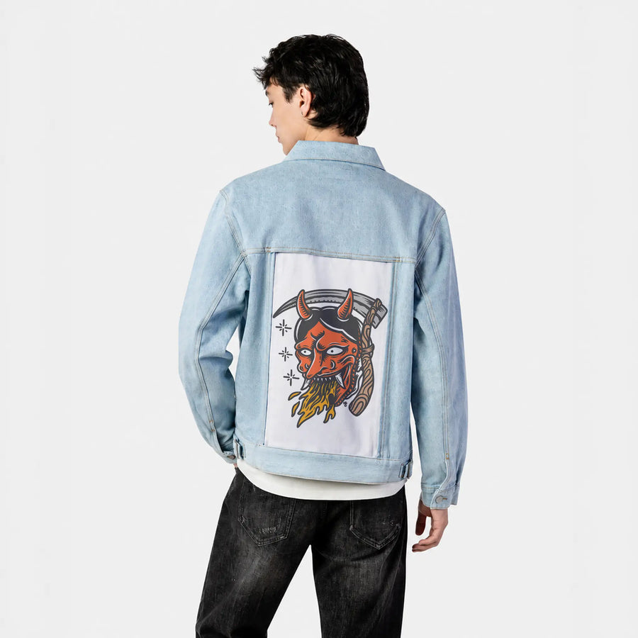 seeyousoon patch on male og denim jacket in oceanside