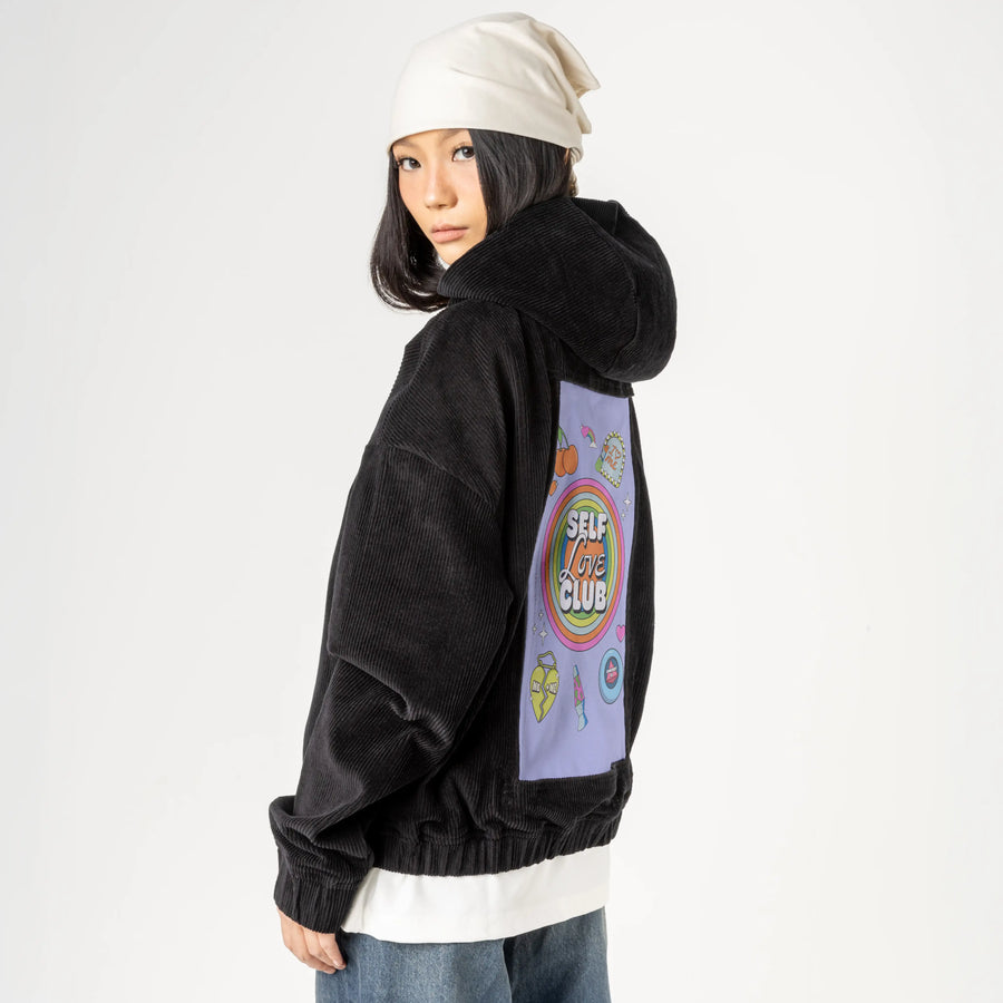 selflove patch on female retro cord hoodie in onyx