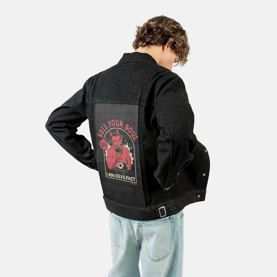 sellyoursoul patch on male og denim jacket in raven