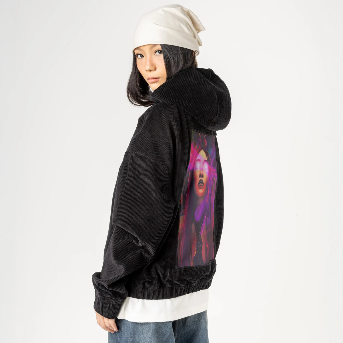 seraphina patch on female retro cord hoodie in onyx