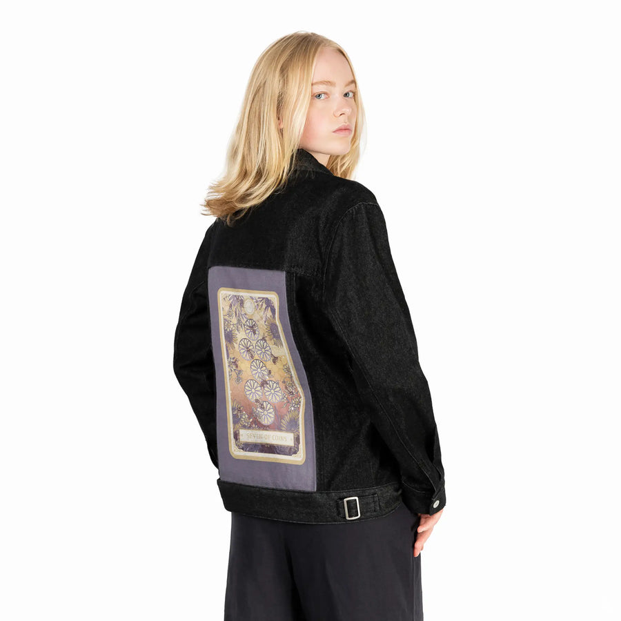 sevenofcoins patch on female og denim jacket in raven