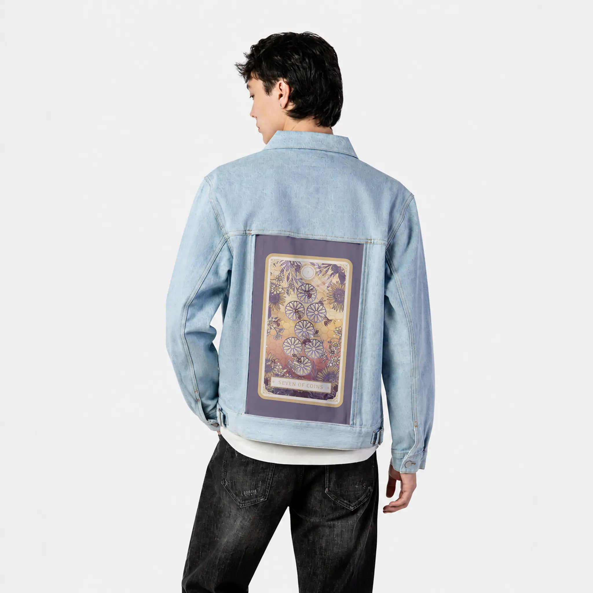 sevenofcoins patch on male og denim jacket in oceanside
