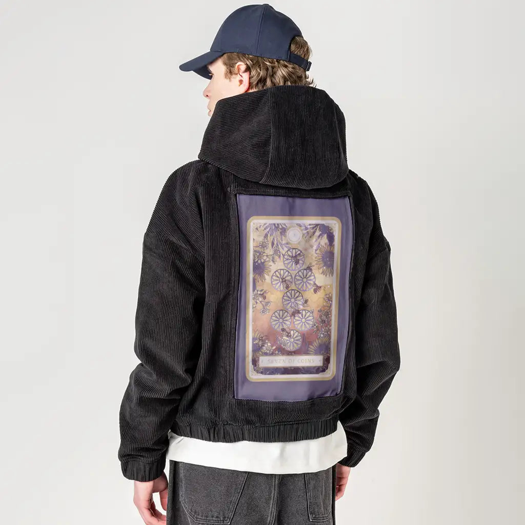 sevenofcoins patch on male retro cord hoodie in onyx