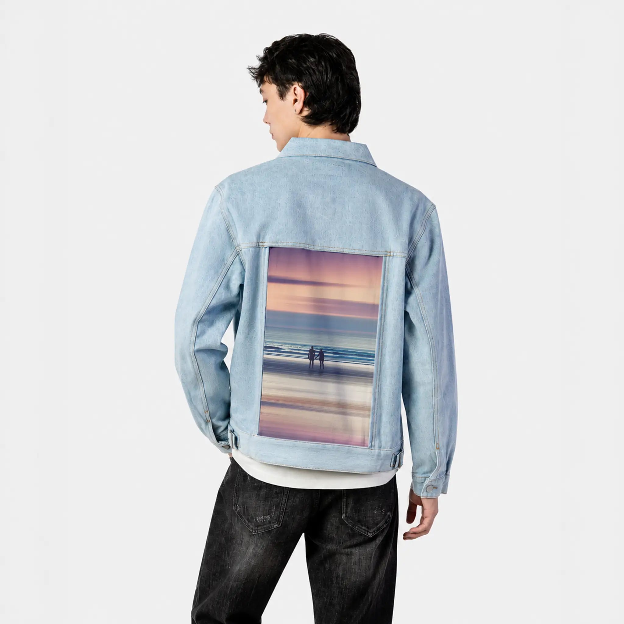 sharingamoment patch on male og denim jacket in oceanside