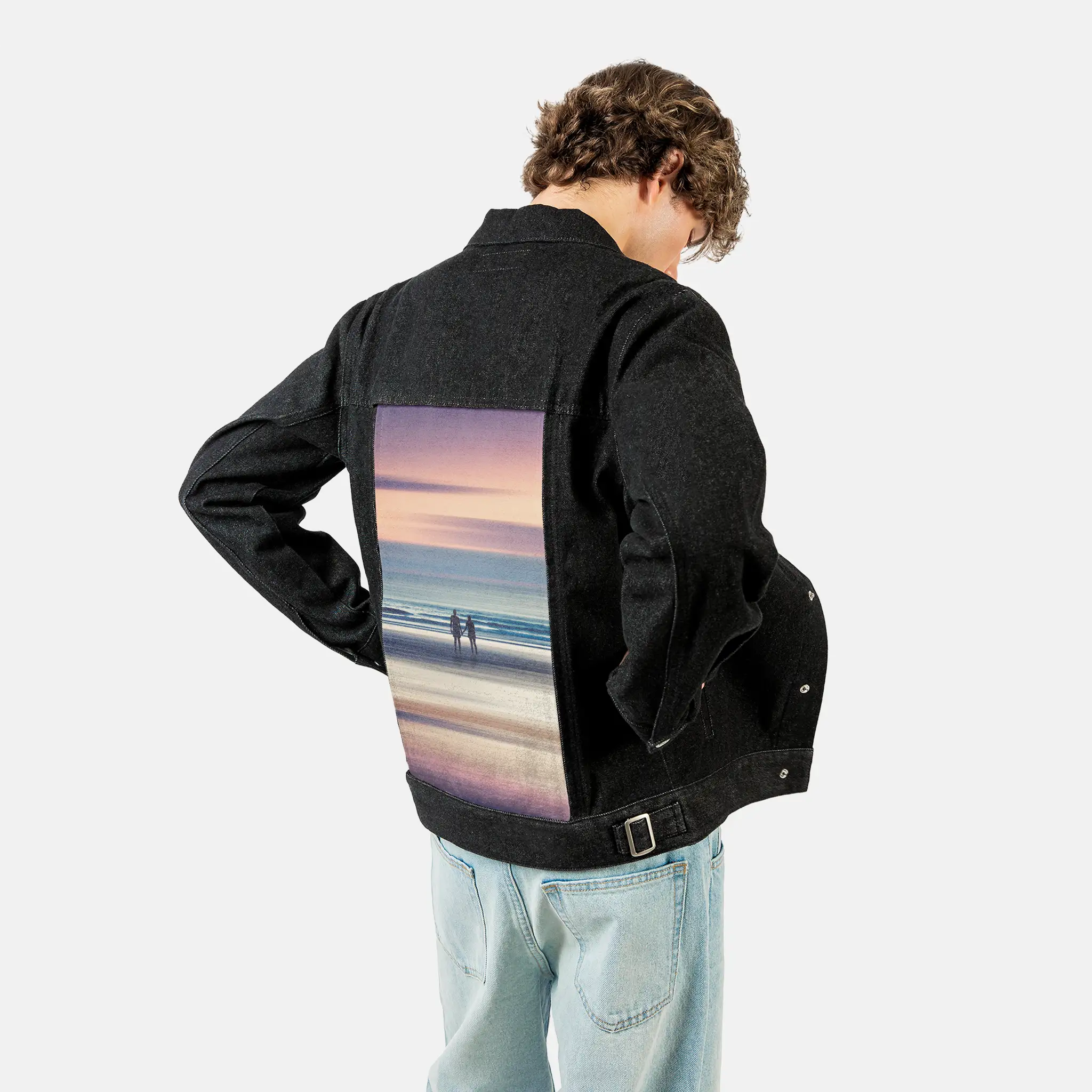 sharingamoment patch on male og denim jacket in raven