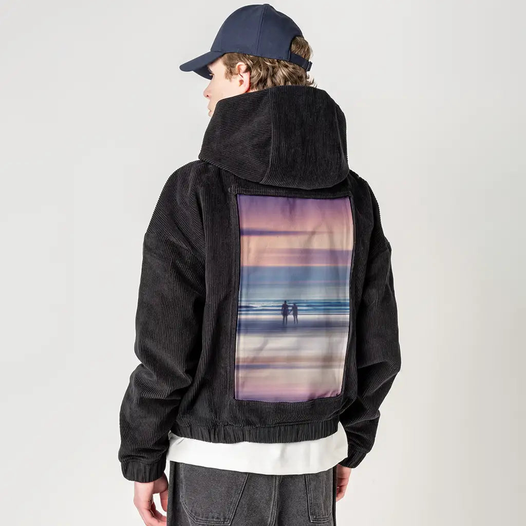 sharingamoment patch on male retro cord hoodie in onyx