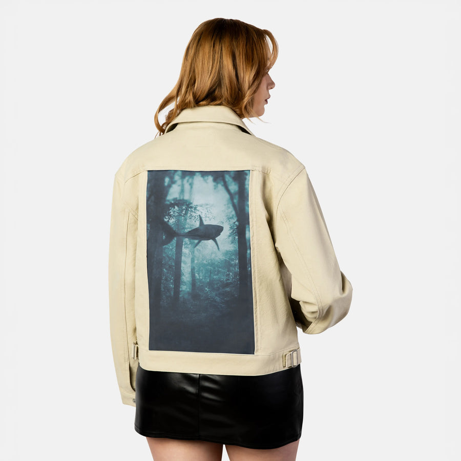 sharktaleii patch on female atelier canvas jacket in tan