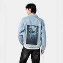 sharktaleii patch on male og denim jacket in oceanside
