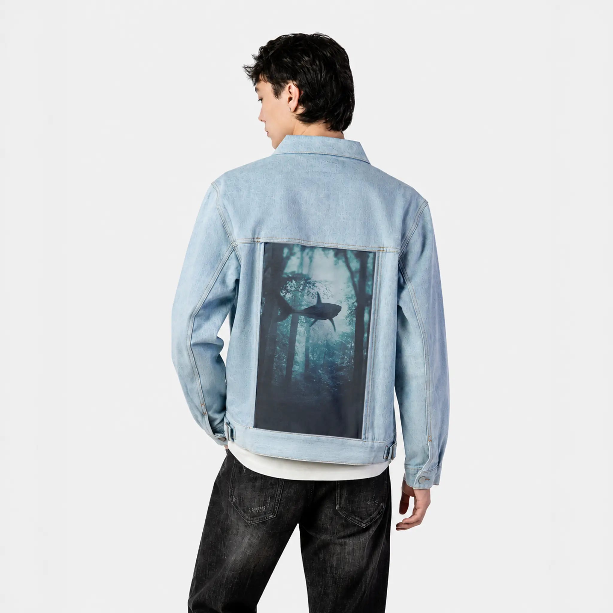 sharktaleii patch on male og denim jacket in oceanside
