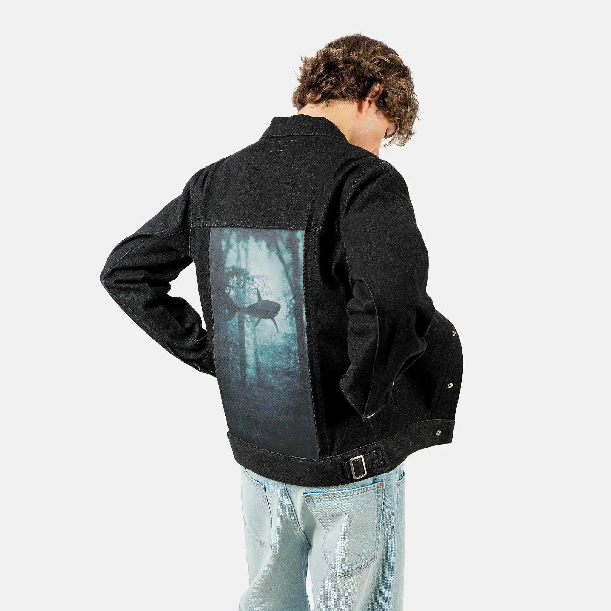sharktaleii patch on male og denim jacket in raven