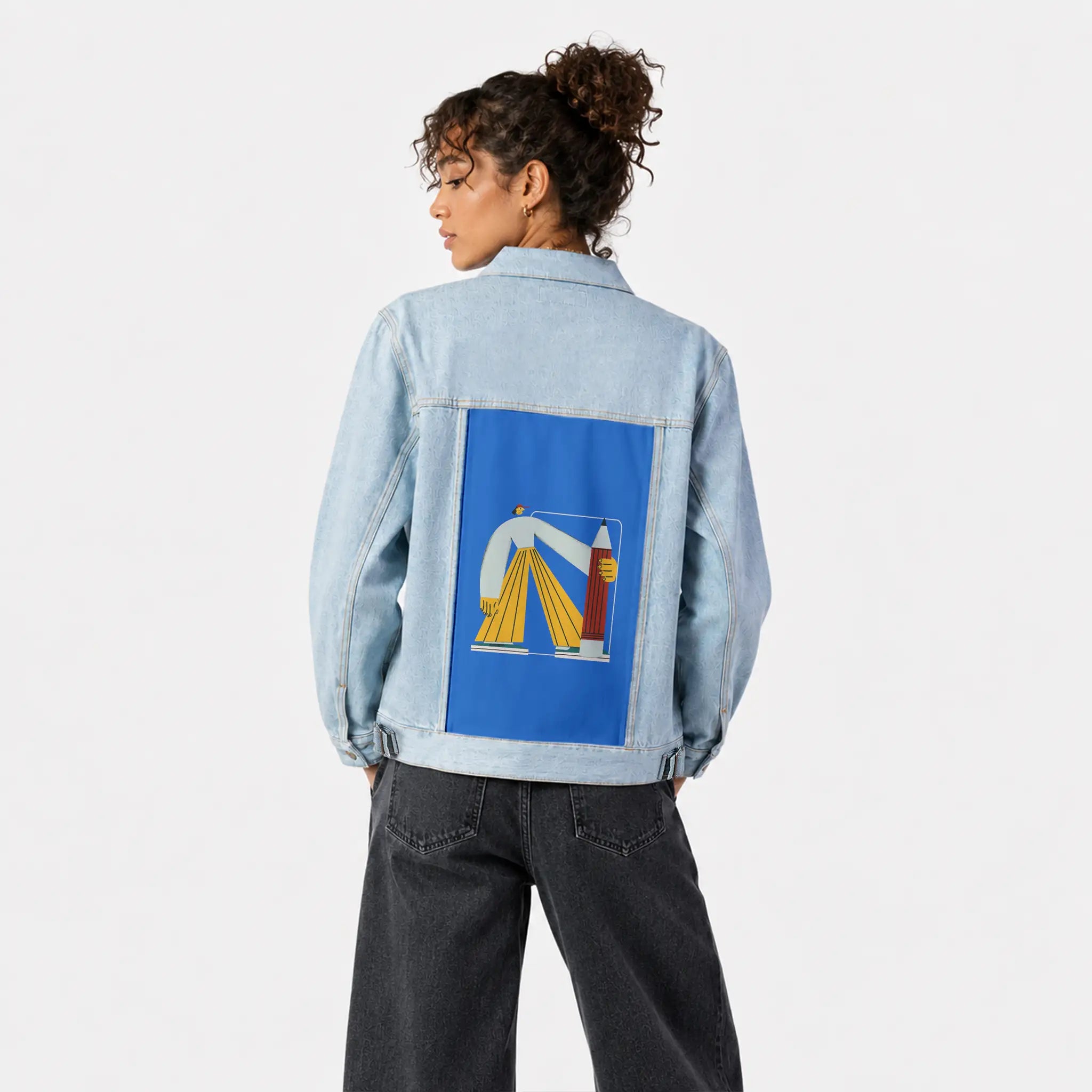 sharppencil patch on female og denim jacket in oceanside