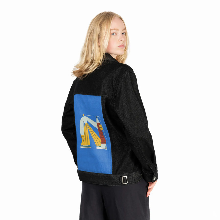 sharppencil patch on female og denim jacket in raven