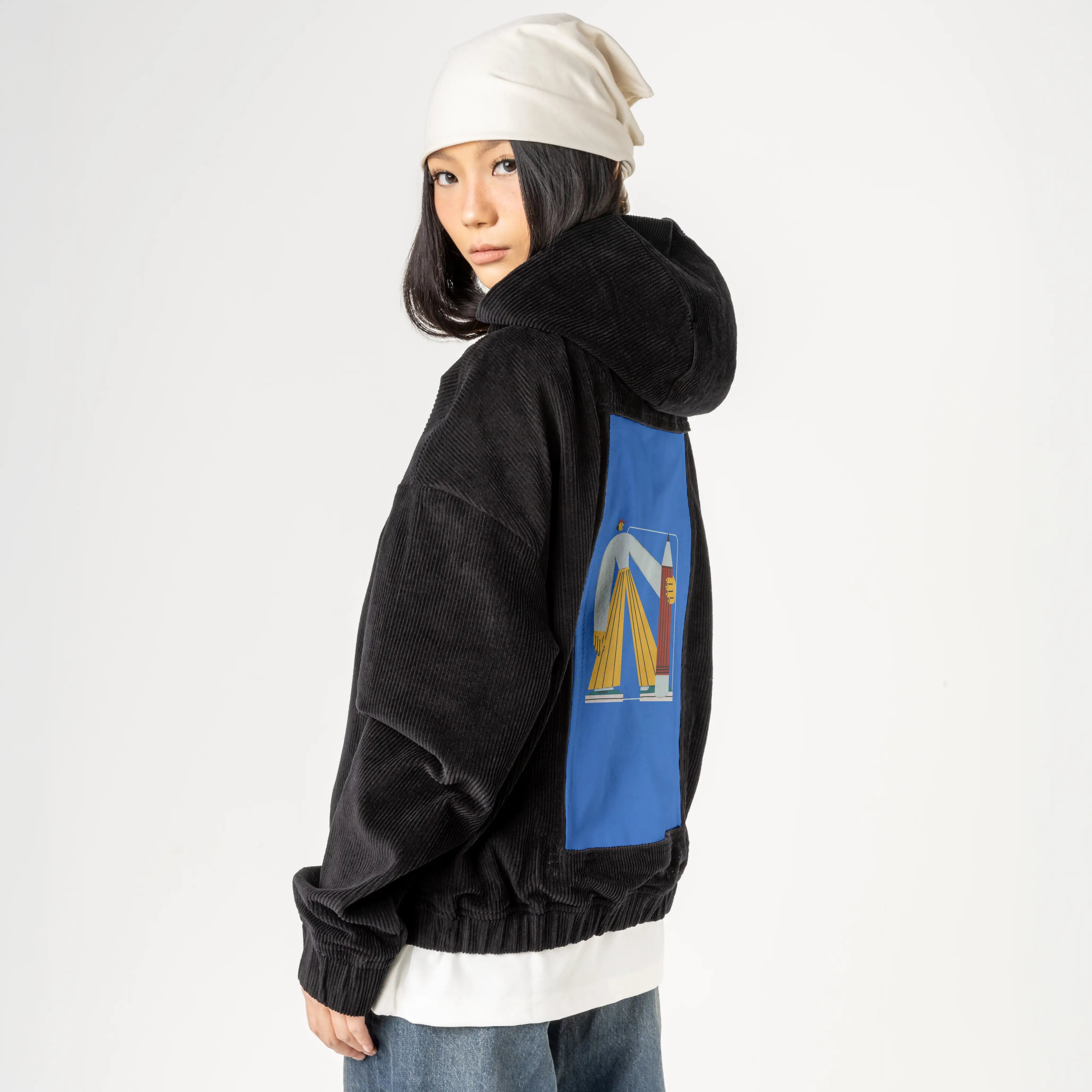 sharppencil patch on female retro cord hoodie in onyx
