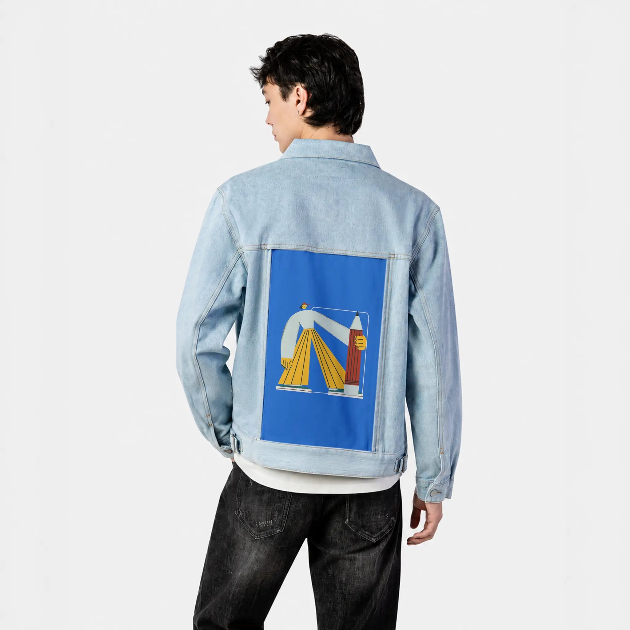 sharppencil patch on male og denim jacket in oceanside