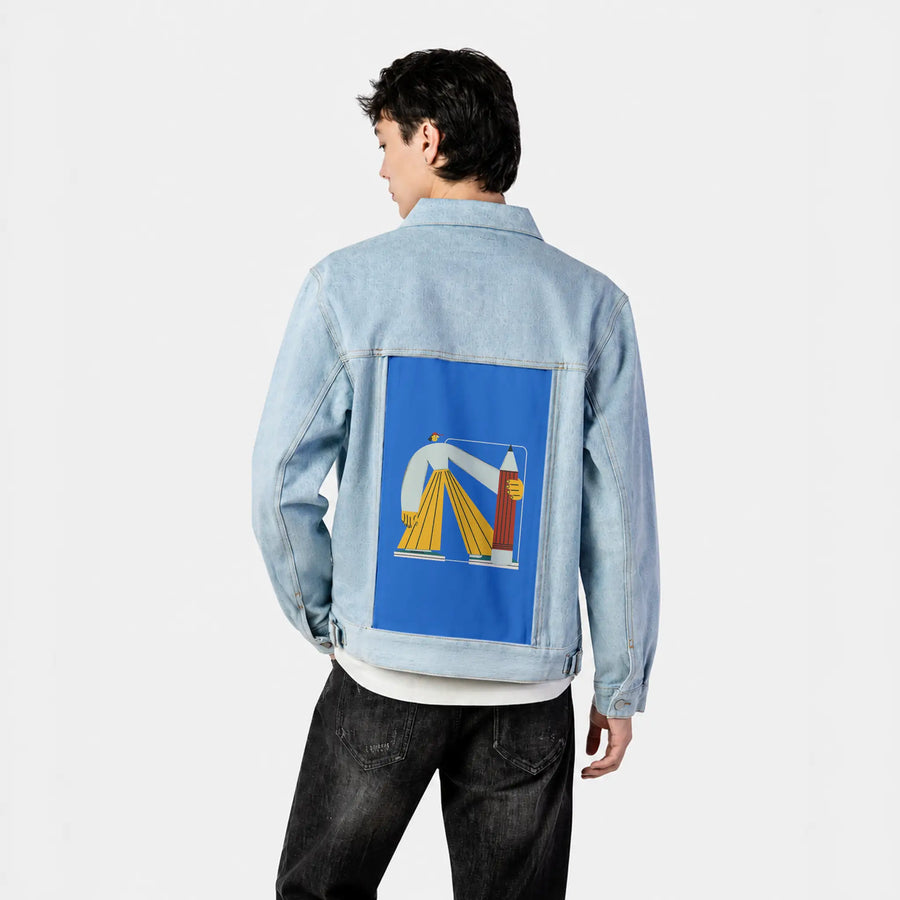 sharppencil patch on male og denim jacket in oceanside