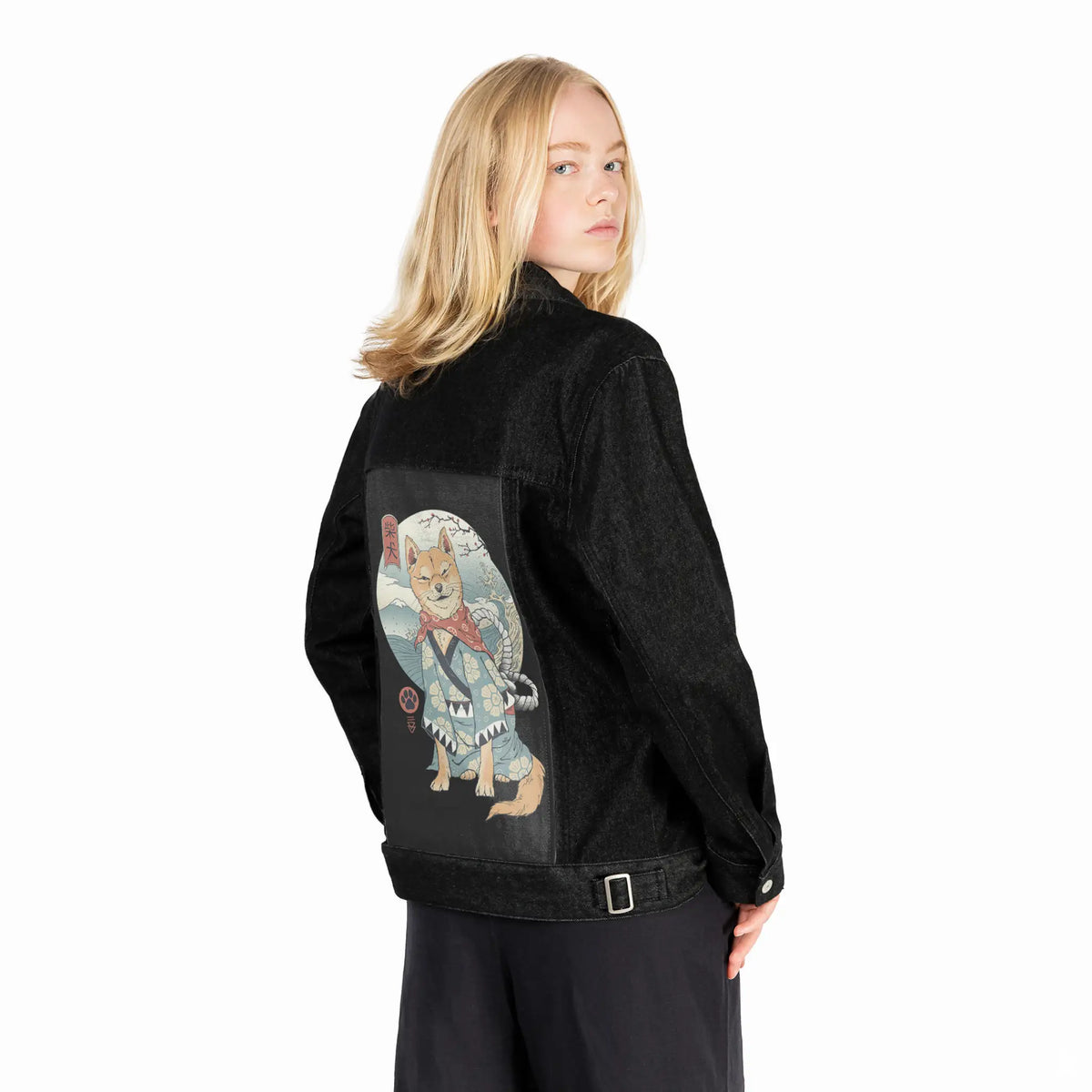 shibainjapan patch on female og denim jacket in raven