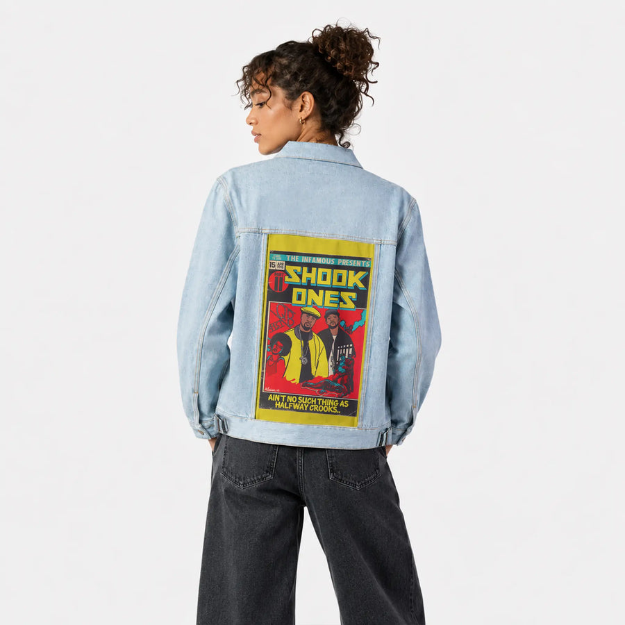 shookones patch on female og denim jacket in oceanside