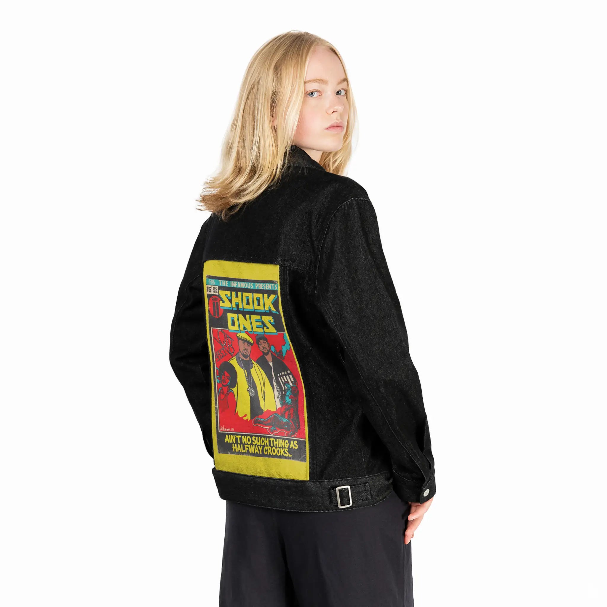 shookones patch on female og denim jacket in raven