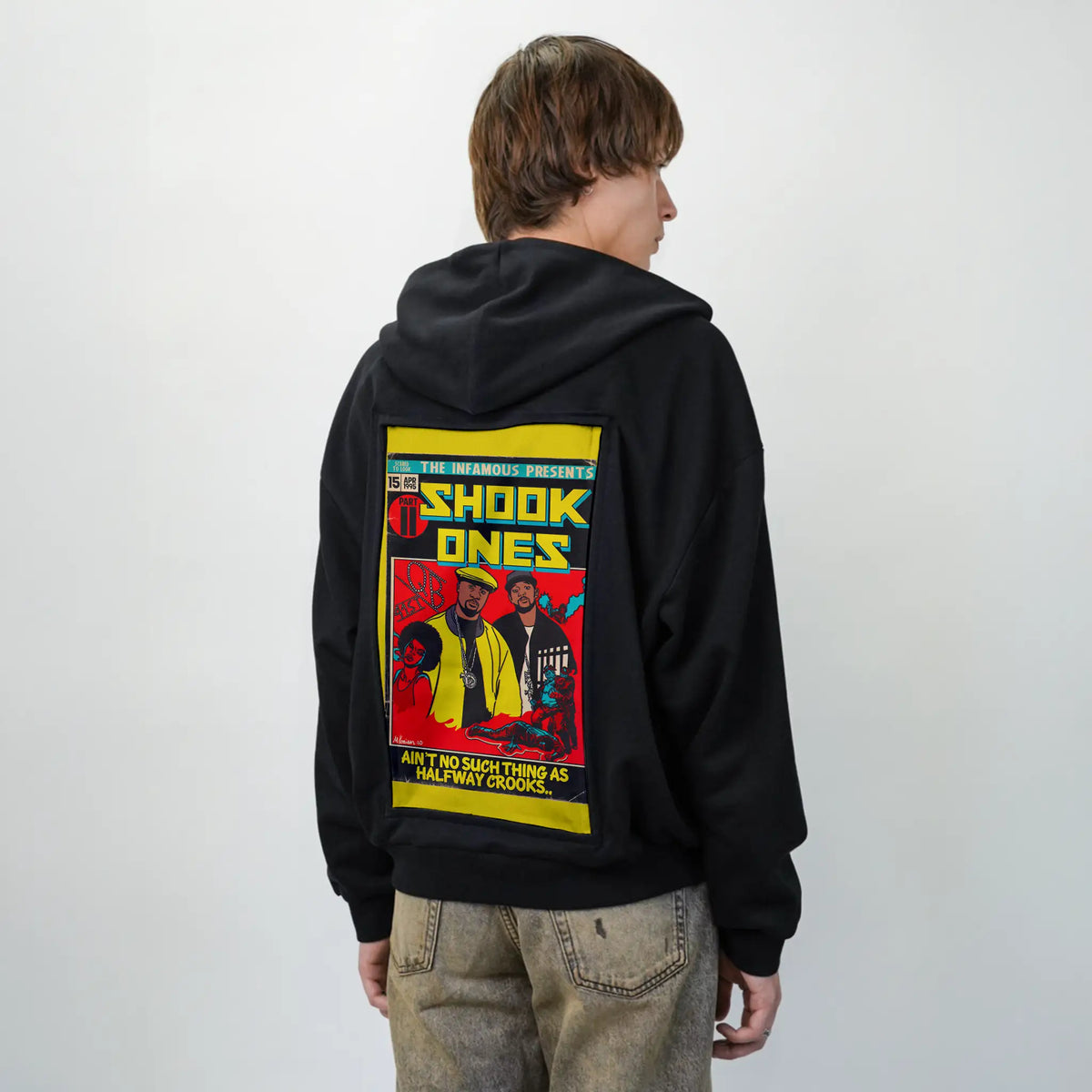 shookones patch on male essential zip hoodie in after hours