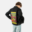 shookones patch on male og denim jacket in raven