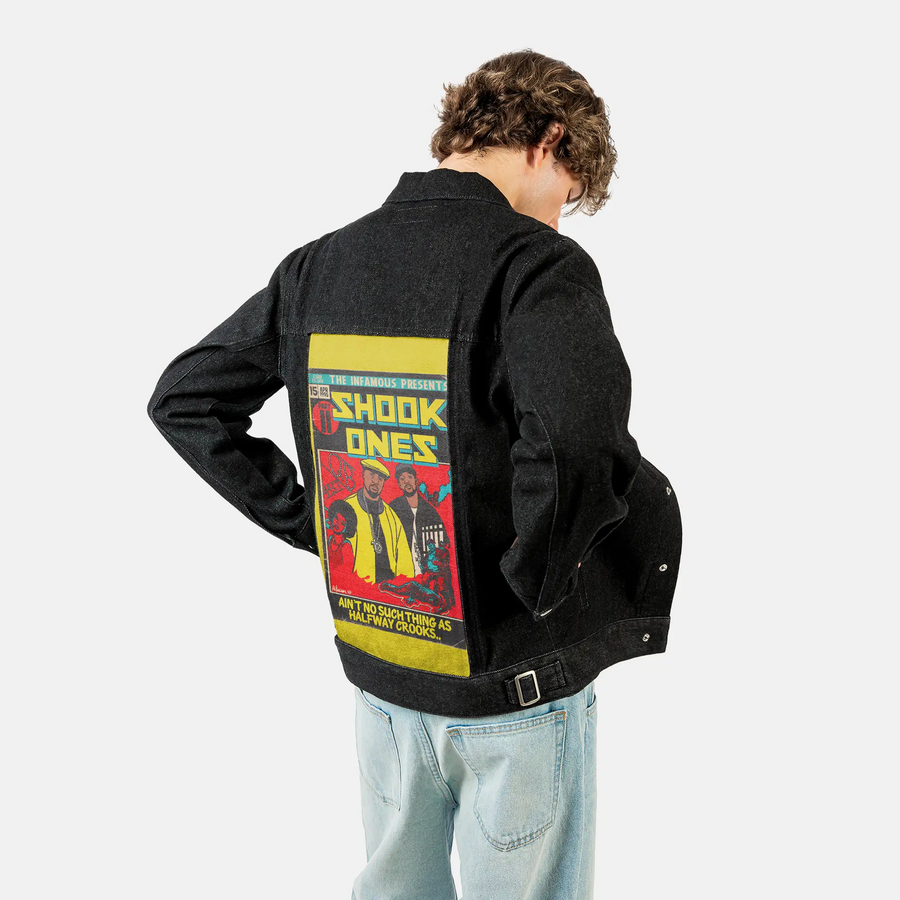 shookones patch on male og denim jacket in raven