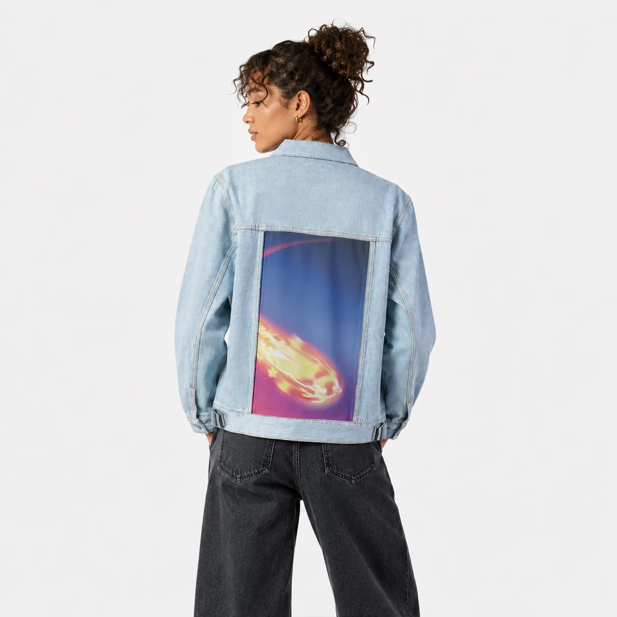 shootingstar patch on female og denim jacket in oceanside