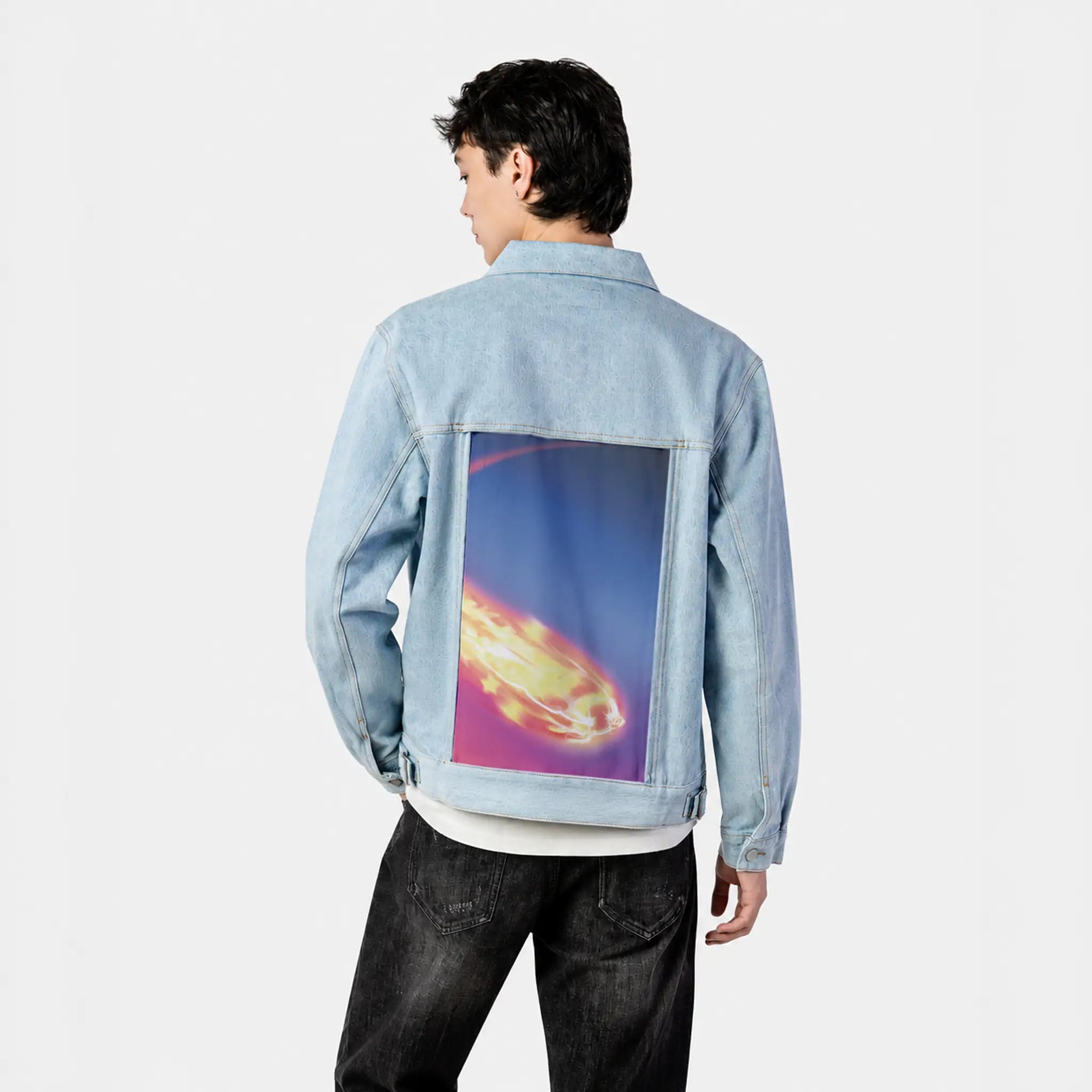 shootingstar patch on male og denim jacket in oceanside