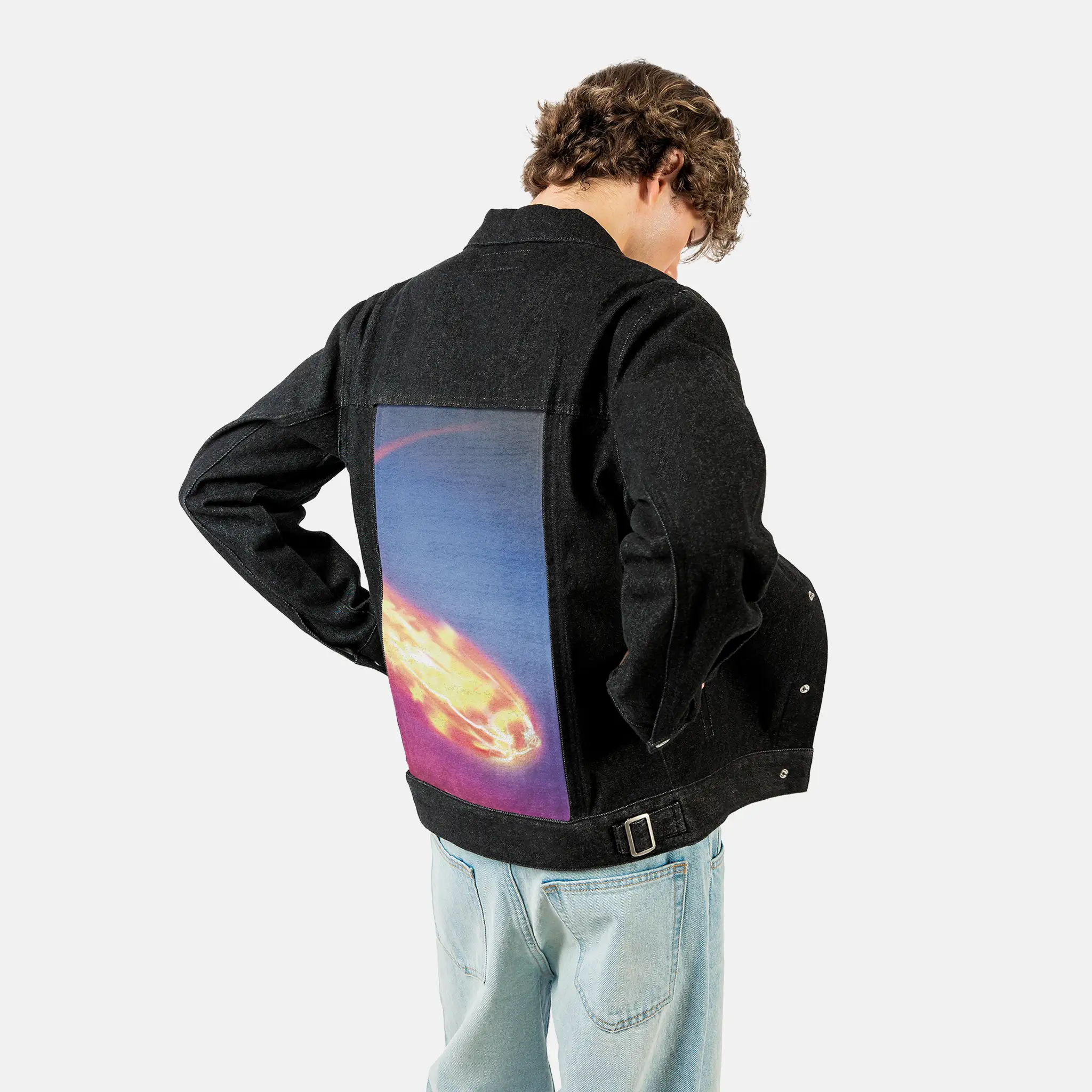 shootingstar patch on male og denim jacket in raven