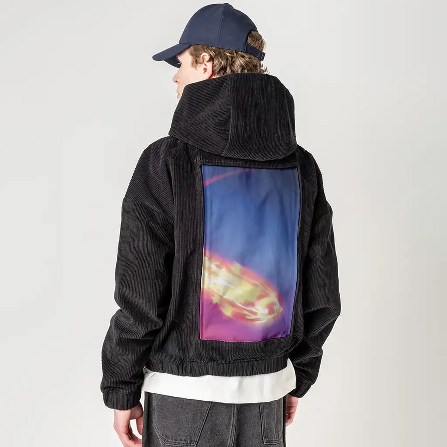 shootingstar patch on male retro cord hoodie in onyx