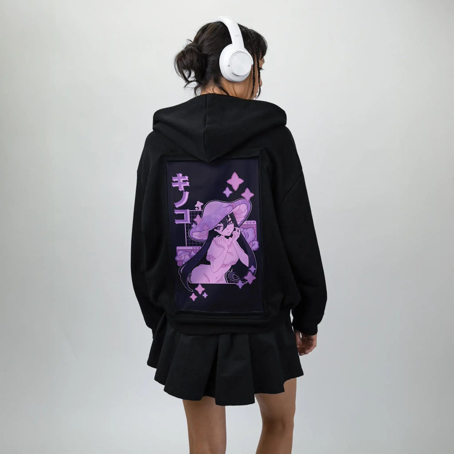shroomstargirl patch on female essential zip hoodie in after hours