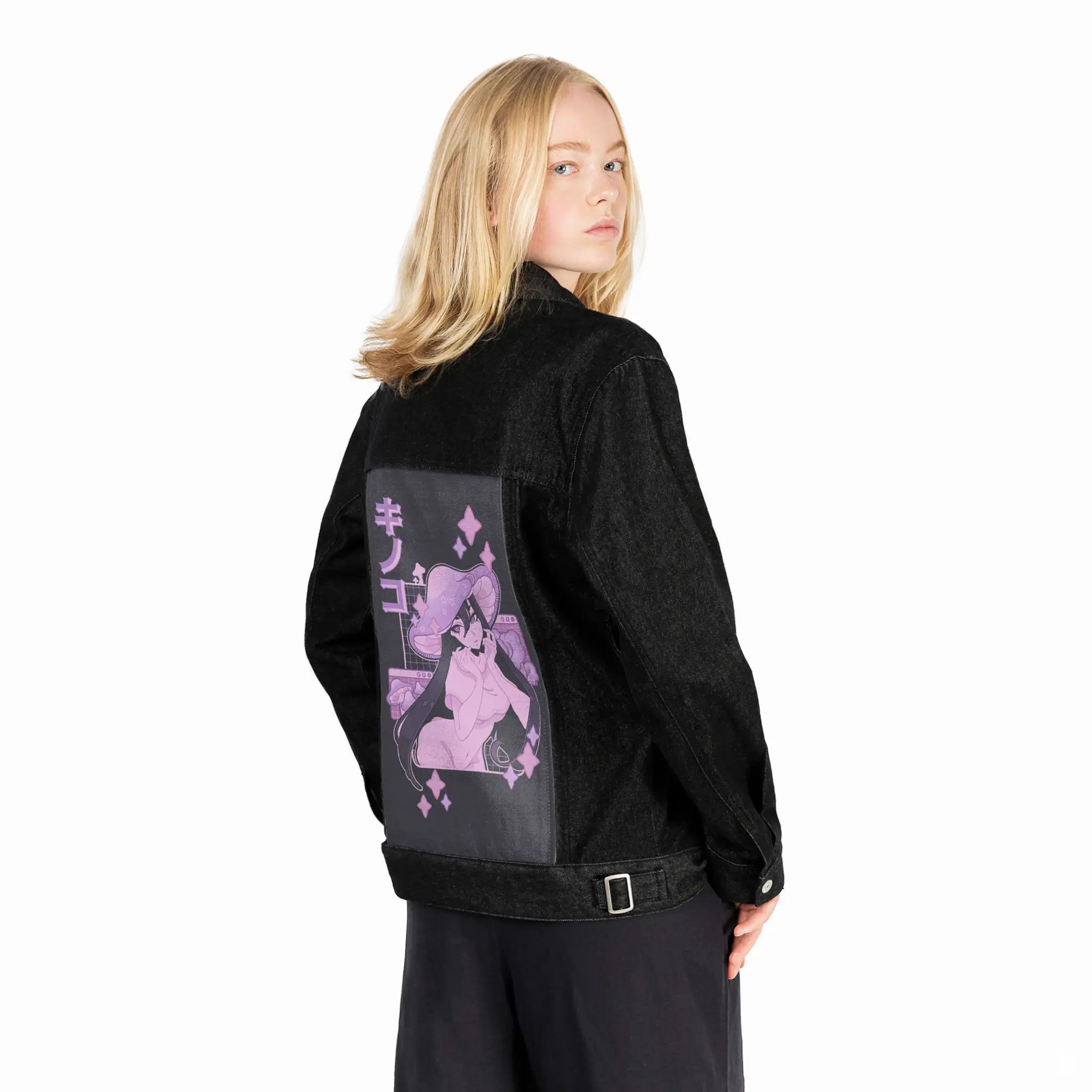 shroomstargirl patch on female og denim jacket in raven