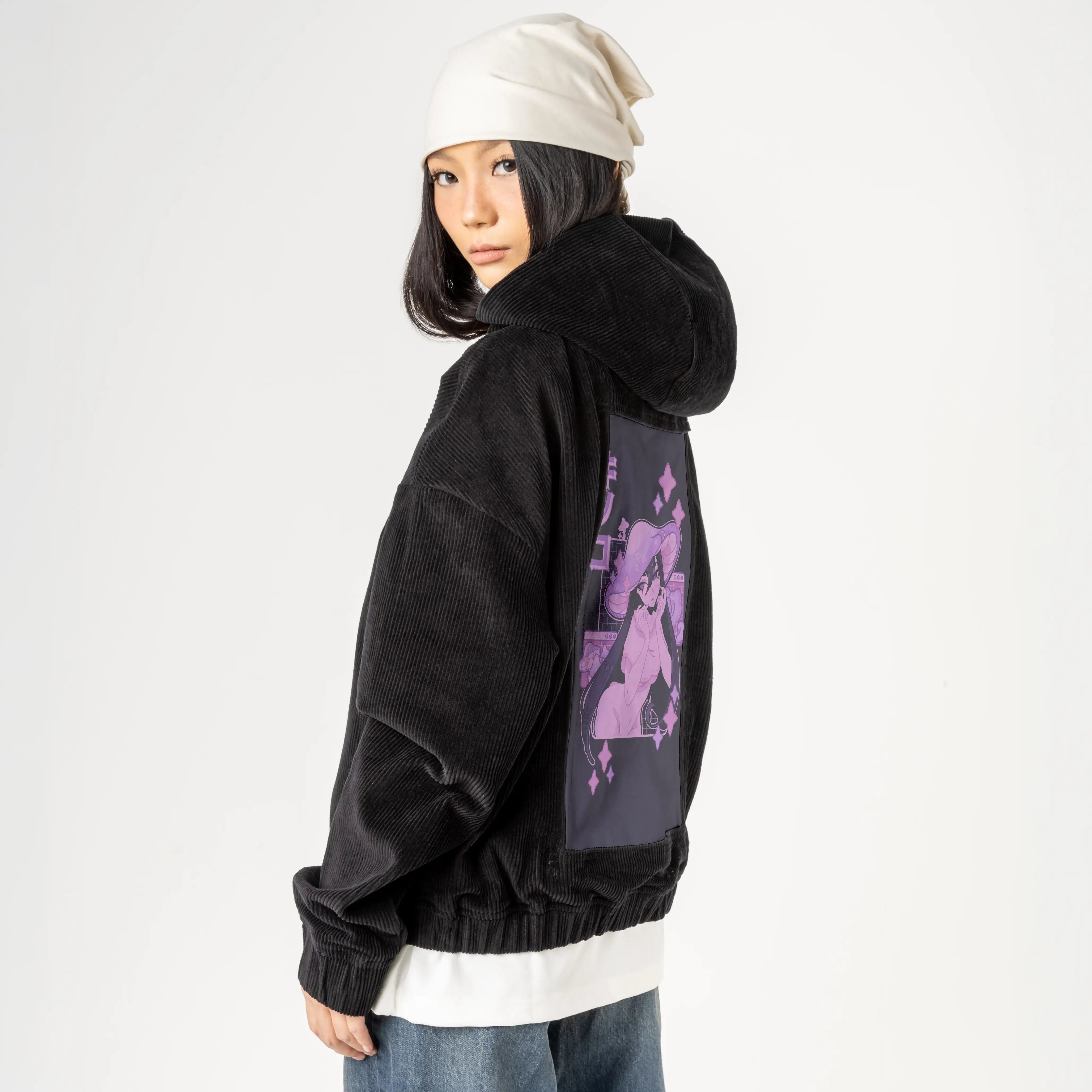 shroomstargirl patch on female retro cord hoodie in onyx