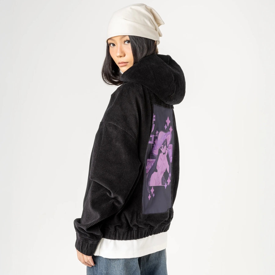 shroomstargirl patch on female retro cord hoodie in onyx