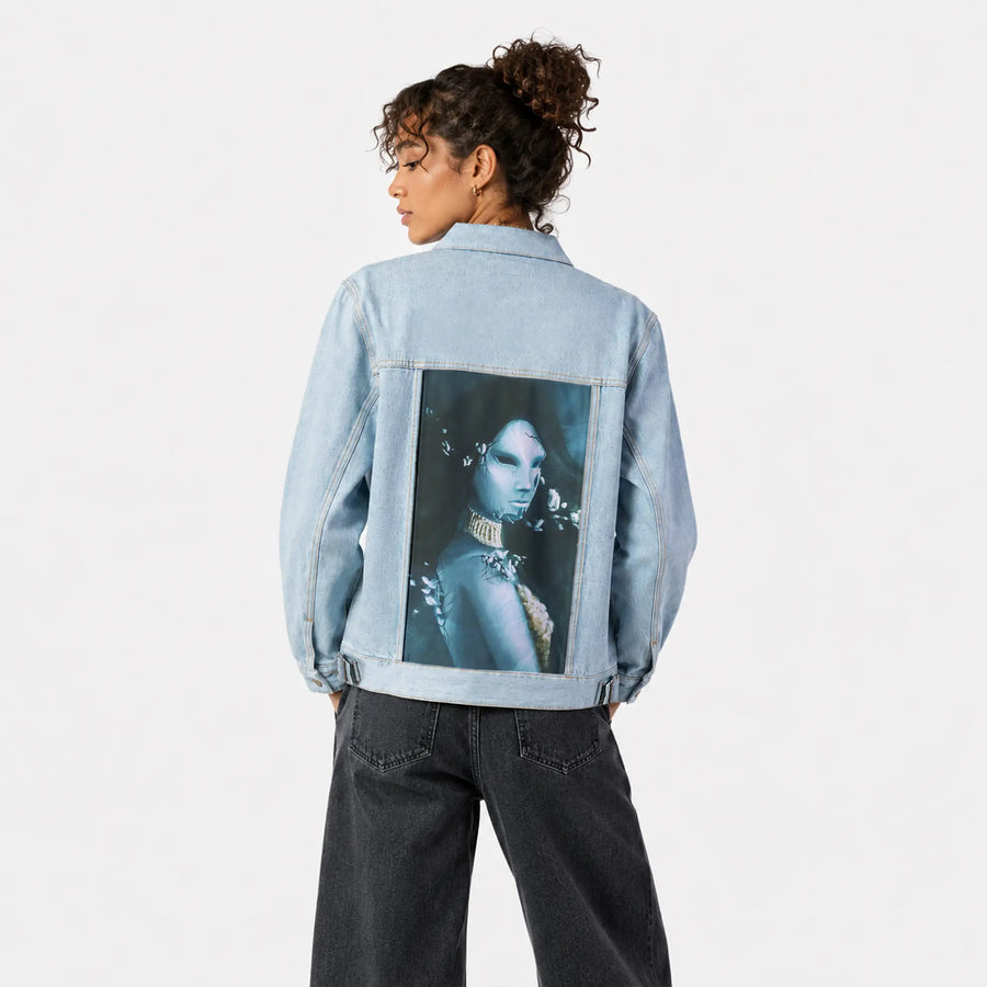 sirenscry patch on female og denim jacket in oceanside