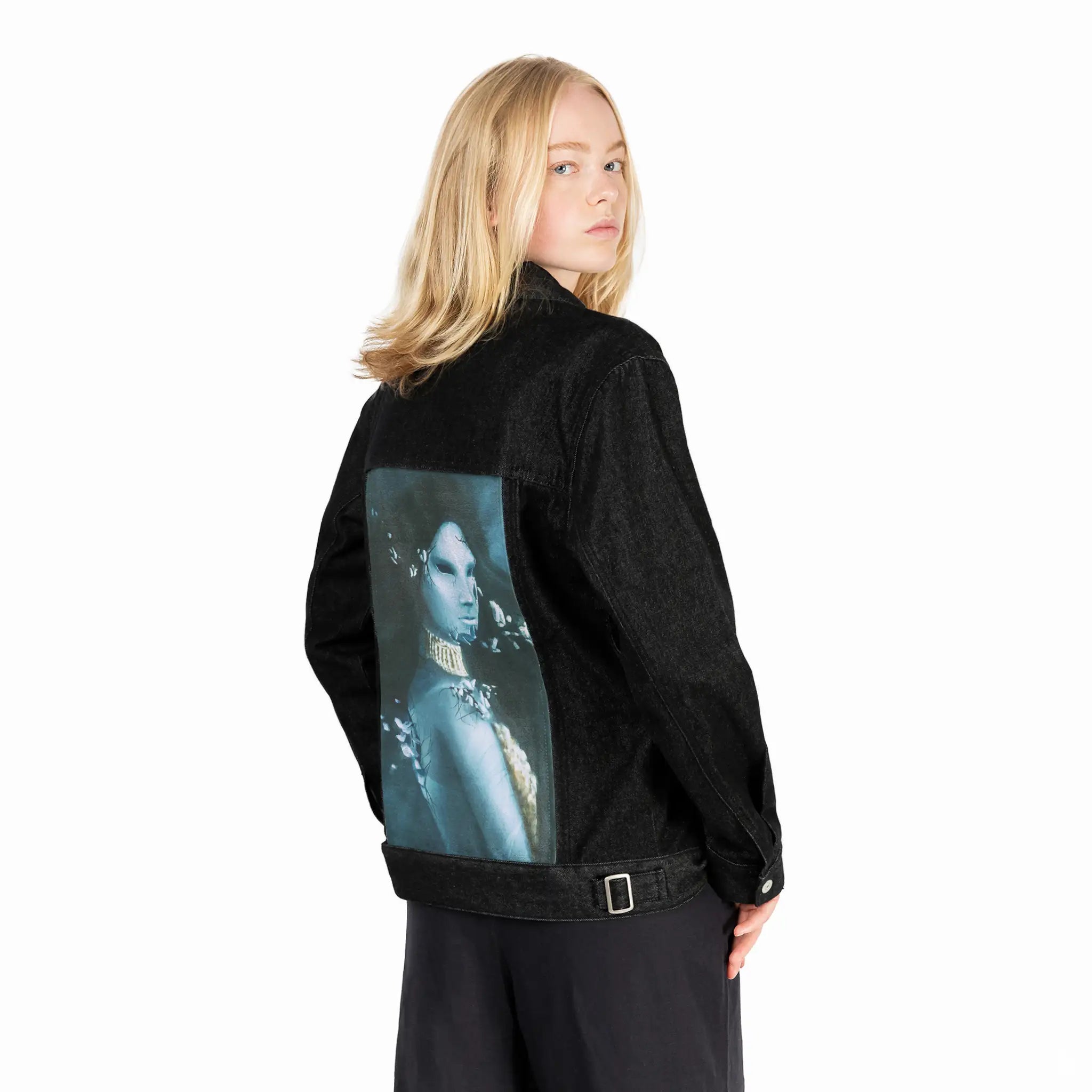 sirenscry patch on female og denim jacket in raven