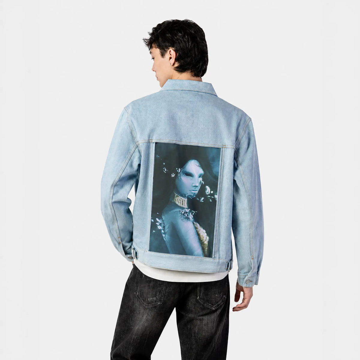 sirenscry patch on male og denim jacket in oceanside