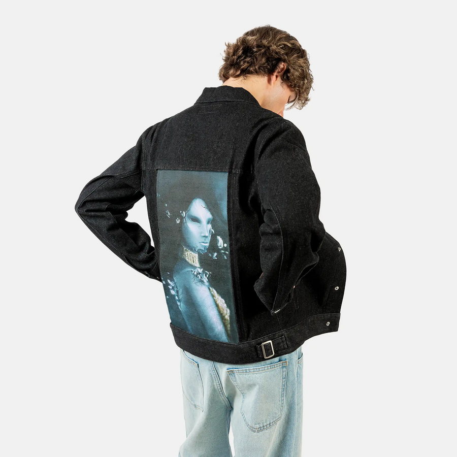sirenscry patch on male og denim jacket in raven