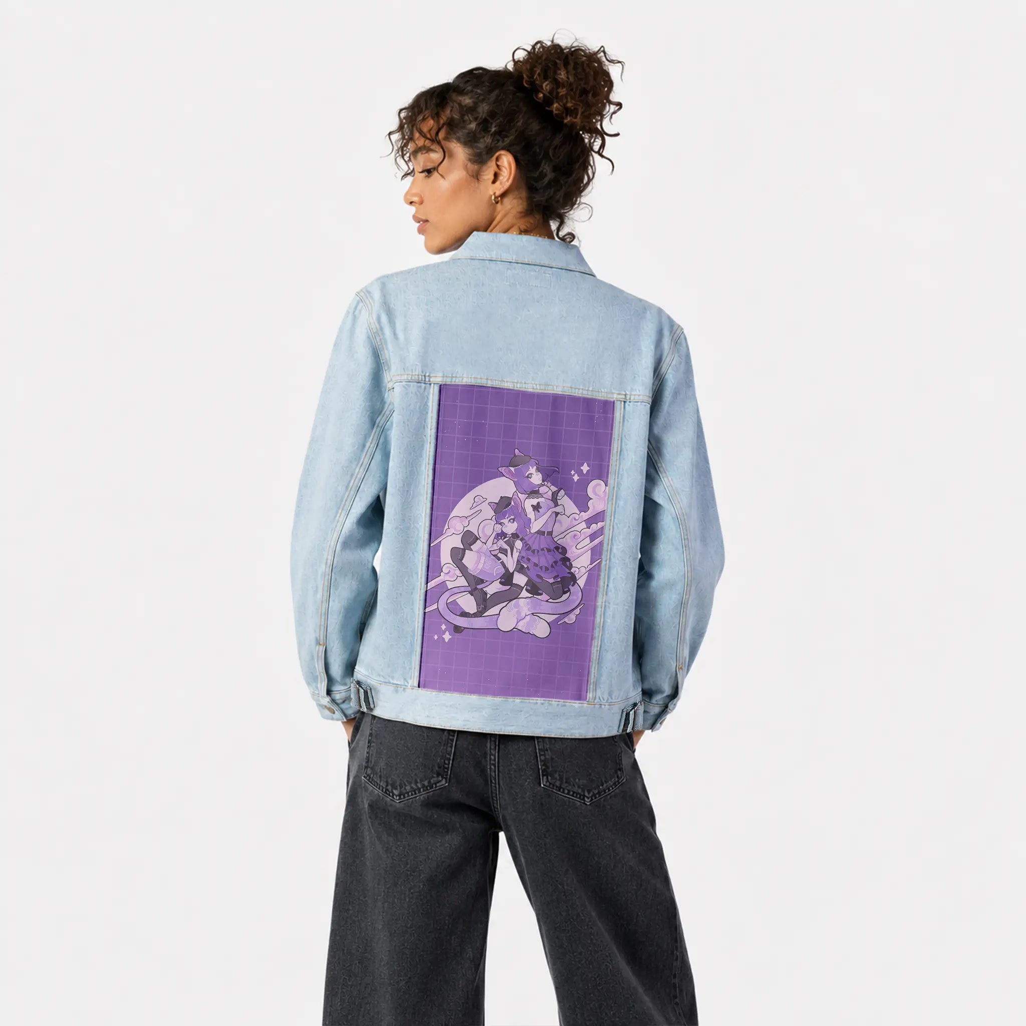 sisters patch on female og denim jacket in oceanside