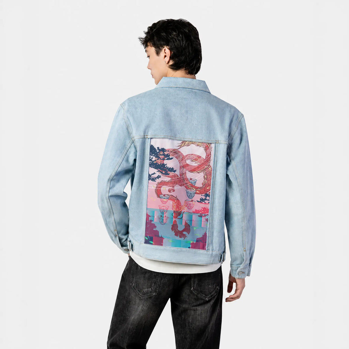 sixofcups patch on male og denim jacket in oceanside