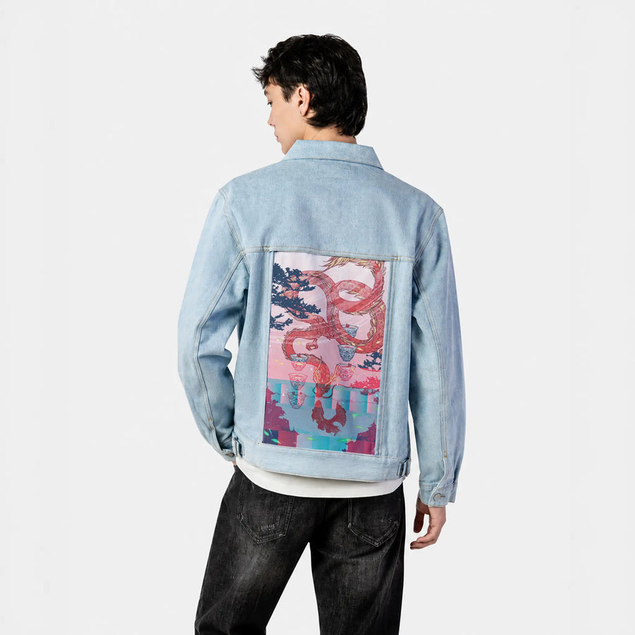 sixofcups patch on male og denim jacket in oceanside