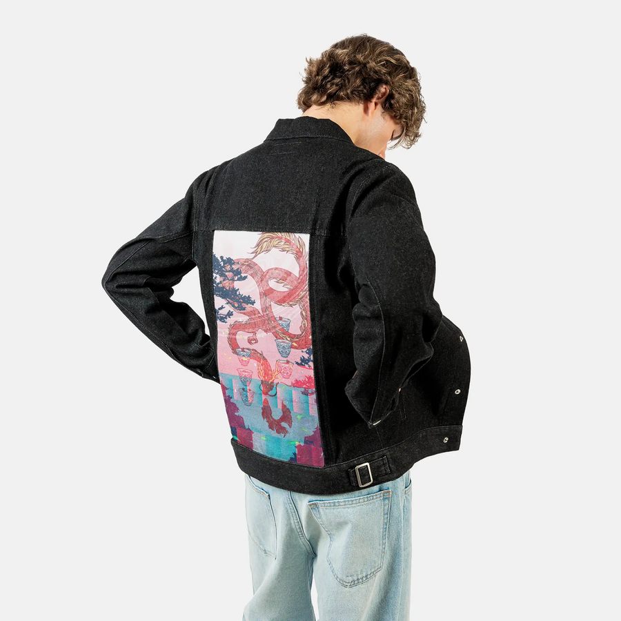 sixofcups patch on male og denim jacket in raven