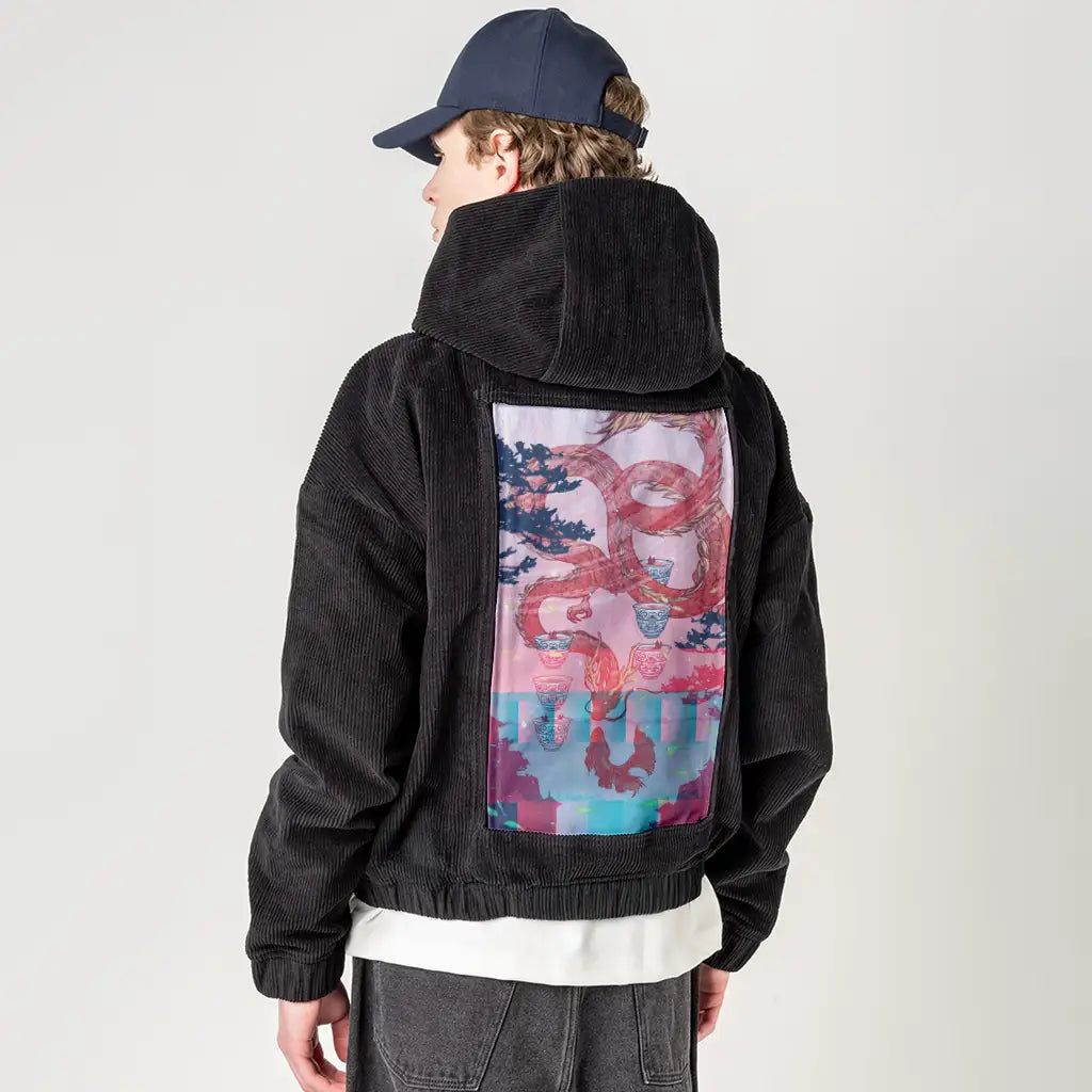 sixofcups patch on male retro cord hoodie in onyx