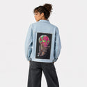 skeletalscoop patch on female og denim jacket in oceanside