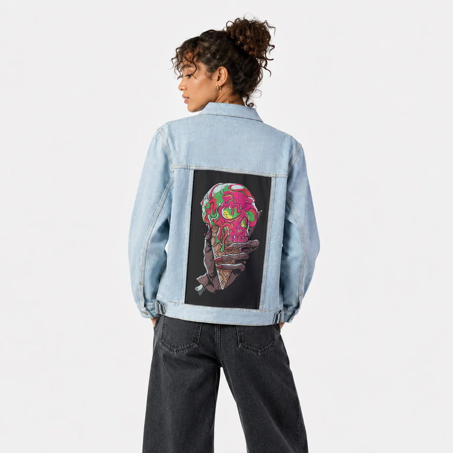 skeletalscoop patch on female og denim jacket in oceanside
