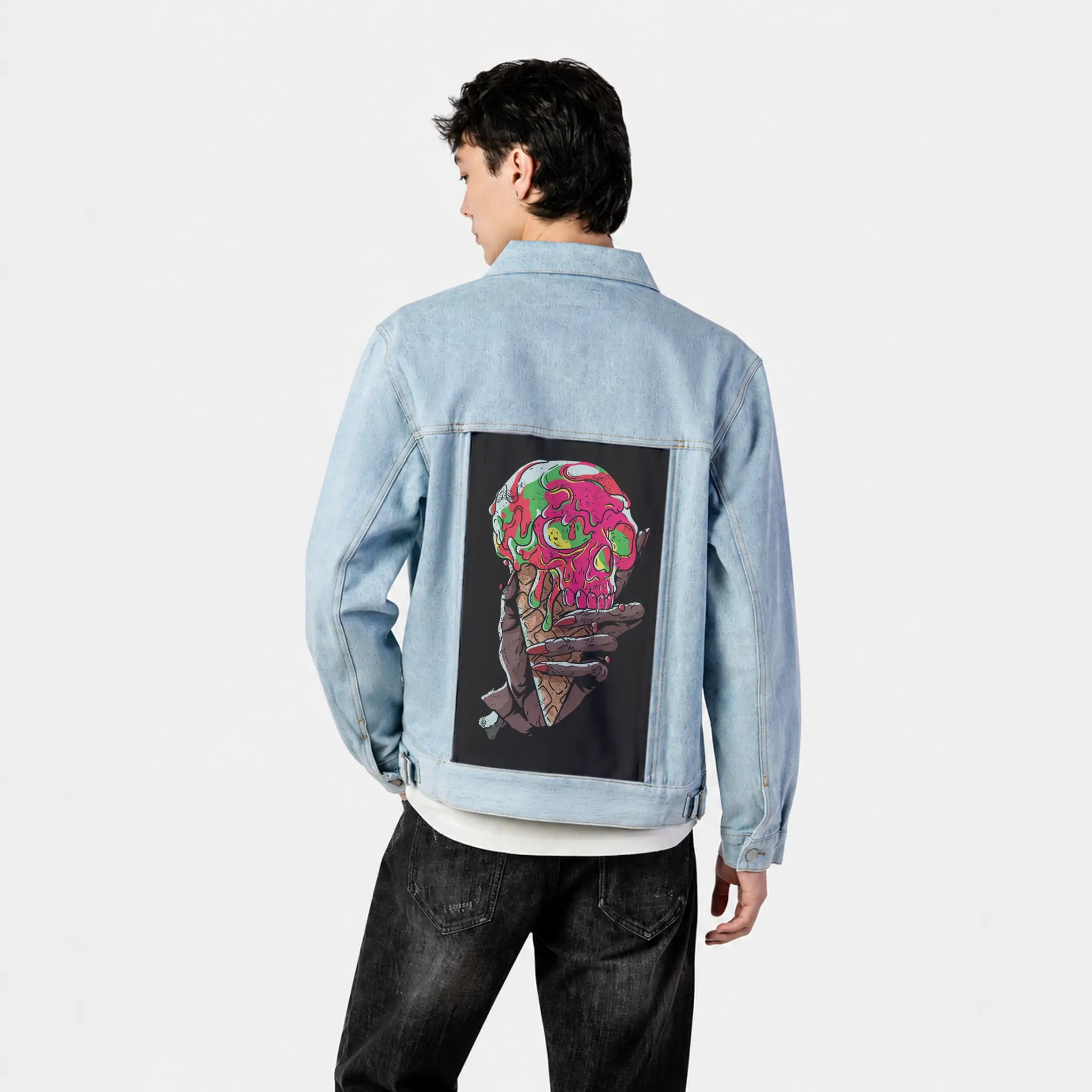 skeletalscoop patch on male og denim jacket in oceanside