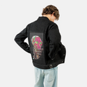 skeletalscoop patch on male og denim jacket in raven