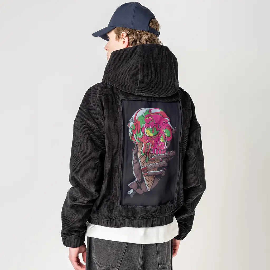 skeletalscoop patch on male retro cord hoodie in onyx