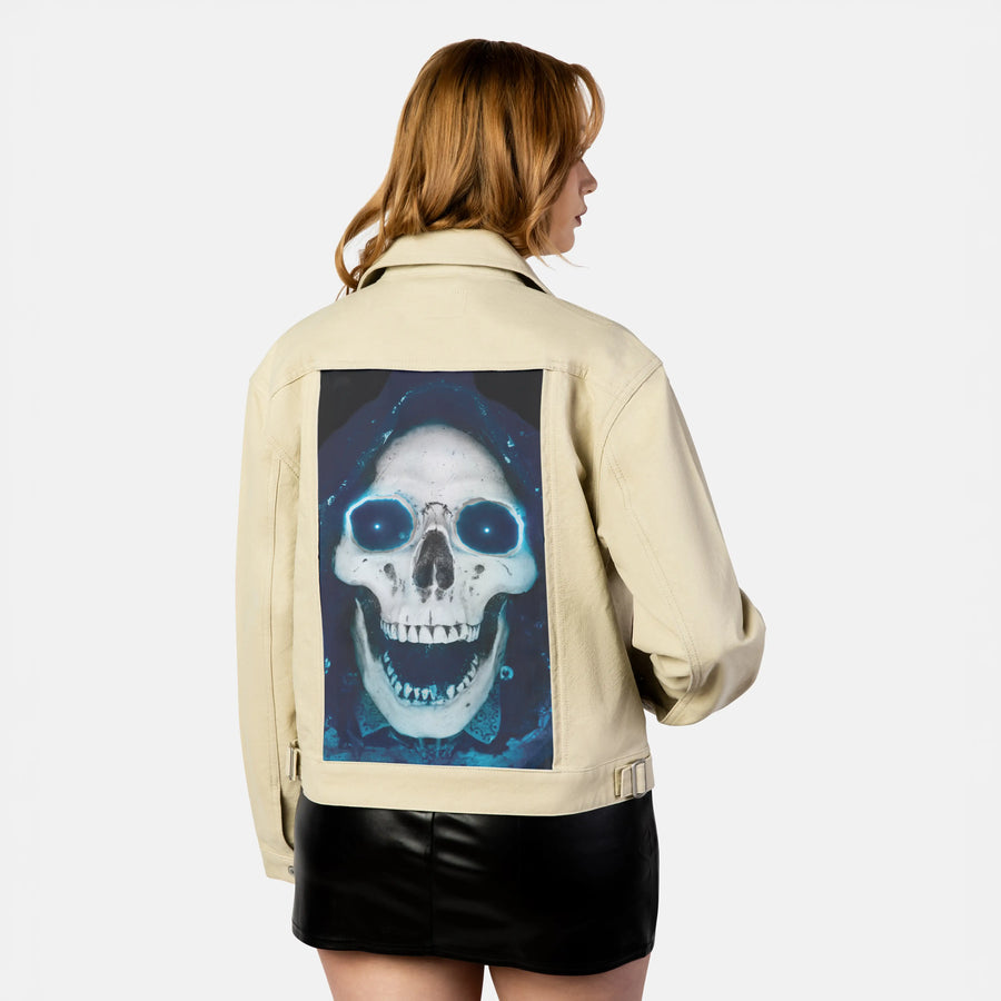 skkull patch on female atelier canvas jacket in tan