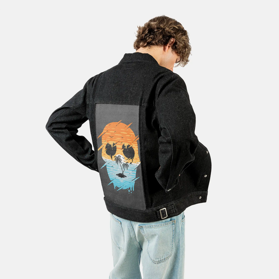 skullsunset patch on male og denim jacket in raven